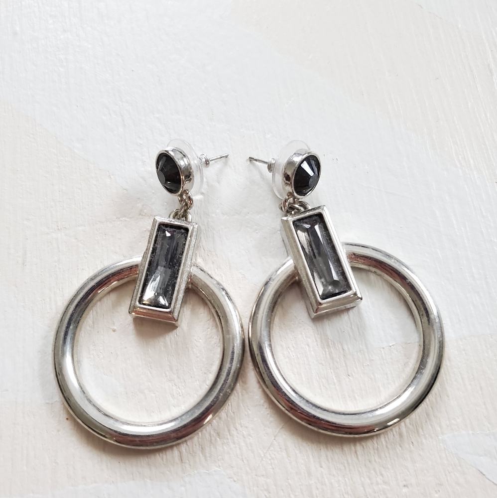 Silver circle stud earrings with grey ston…